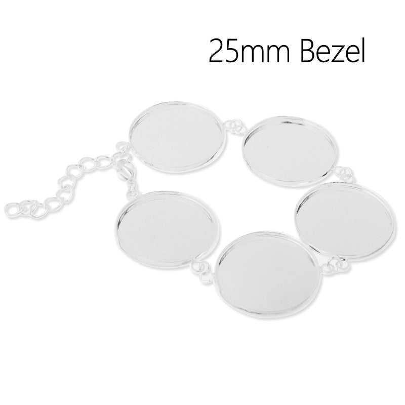 Round Bracelet Blanks with Chain and Clasp,5 pcs 25mm Round Bezel,Brass filled,Silver plated,5pcs/lot