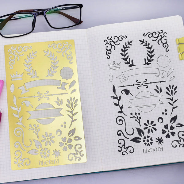 tibetara Brass Bullet journal stencil Drawing Stencil Flowers Stencil  pocket stenci fit passport about 4*7" 1pcs