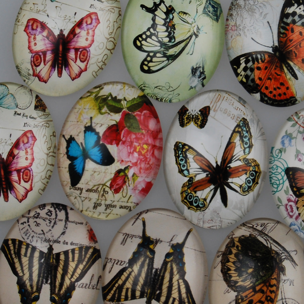 30*40MM Oval glass cabochons with mixed pretty Butterfly pattern,photo glass cabochons,flat back,thickness 8.5mm,10 pieces/lot