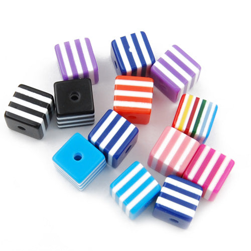 8mm*8mm*8mm Bright and Colorful Striped Rainbow Cube Plastic Beads,hole size 1.8mm,sold 500pcs per pkg