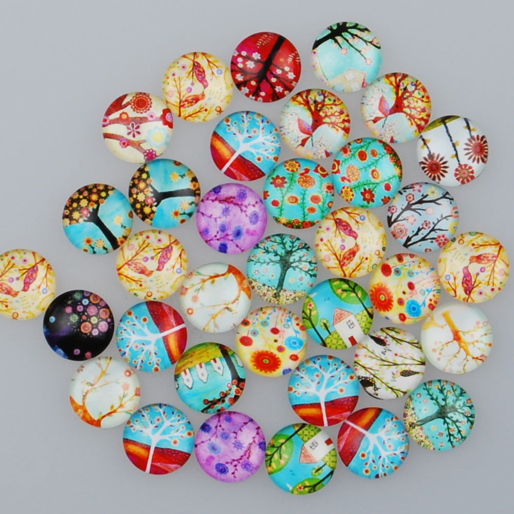 14MM Round pattern glass cabochons with mixed tree,colorful photo glass cabochon,flat back,thickness 5mm,50 pieces/lot