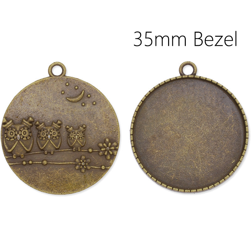 35mm Round pendant tray with Owl in the back,Zinc alloy filled,Antique Bronze plated,20pcs/lot