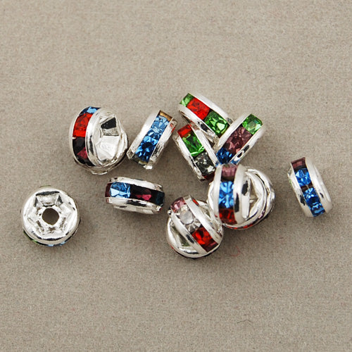 6MM Diameter Rhinestone Spacer Beads,Mixed Colors,Brass,Silver Plated,Thick About 3MM,Hole:About 1MM,Sold 100 PCS Per Package