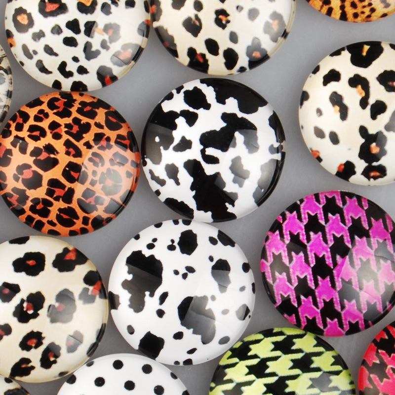 25mm round transparent  pattern glass cabochons with mixed leopard prints,flat back,thickness 6.5mm, 20 pieces/lot