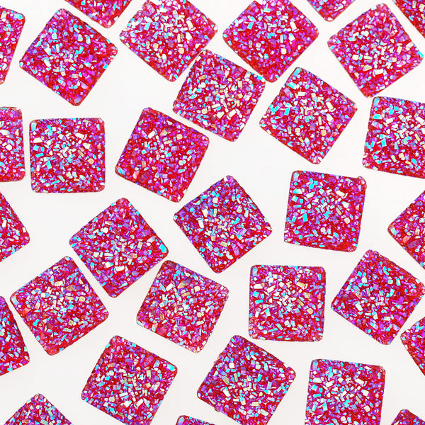 100 Red  Square Druzy Cabochons Resin Flat Back Faceted DIY Jewelry Findings 12mm