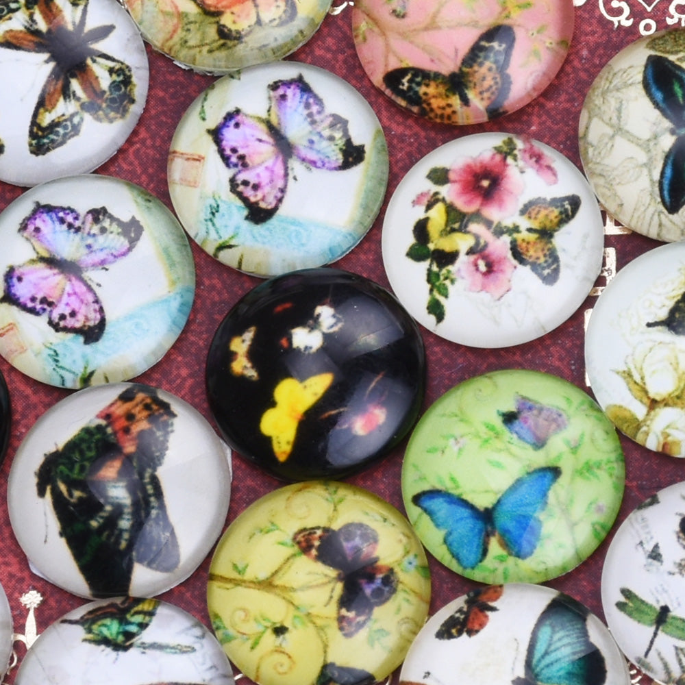 14MM Round glass cabochons with mixed Butterfly pattern,photo glass cabochons,flat back,thickness 5mm,50 pieces/lot