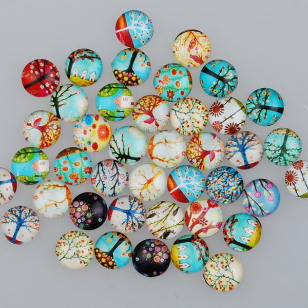 10MM Round glass cabochons with mixed cartoon trees,Photo glass cabochons,flat back,thickness 4mm,50 pieces/lot