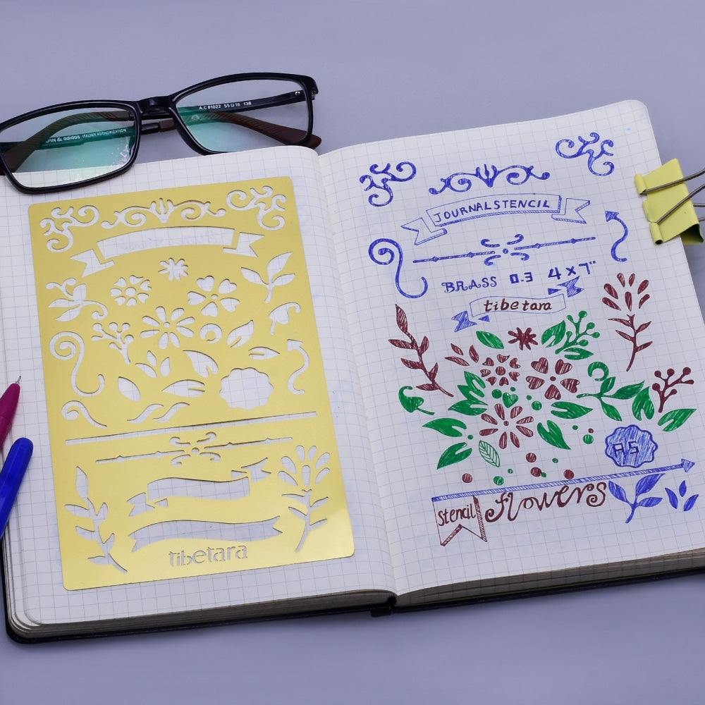 About  4*7" Brass Bullet journal stencil Wreath and Flowers Stencil Nature Stencil fits pocket, passport and field note 1pcs