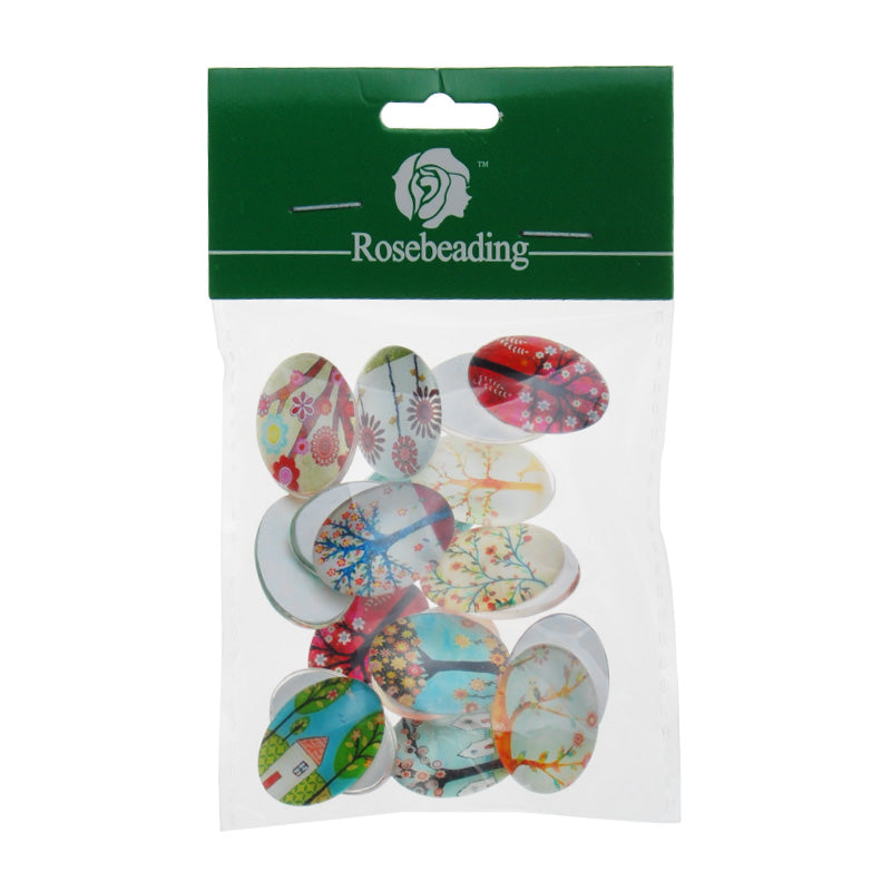 18*25mm Oval transparent pattern glass cabochons with mixed cute Trees,flat back,thickness 6mm, 20 pieces/lot
