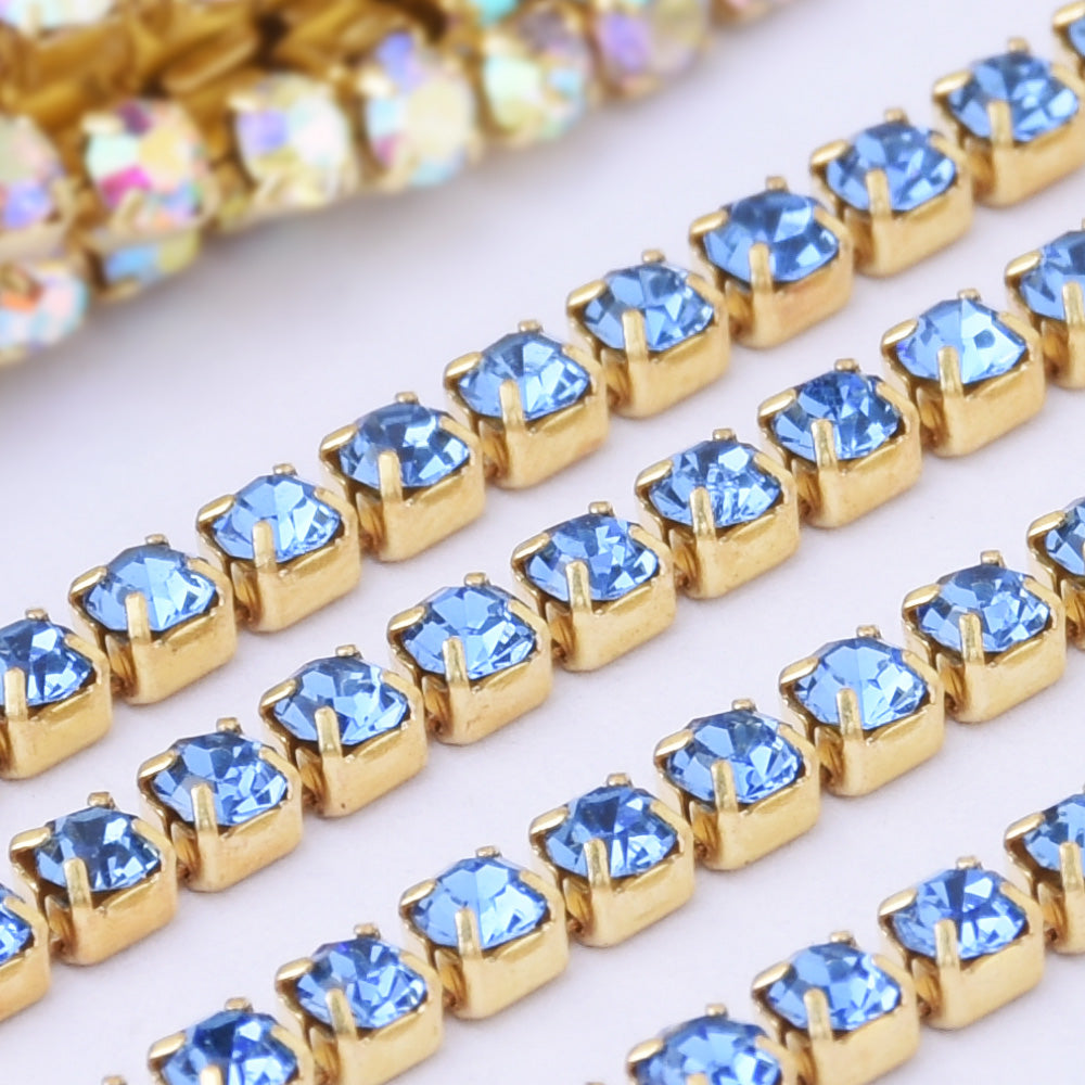 SS6 Light Blue Rhinestone Chain Various Colors Crystal Compact Close Gold Chain wedding DIYs 3.6Meters