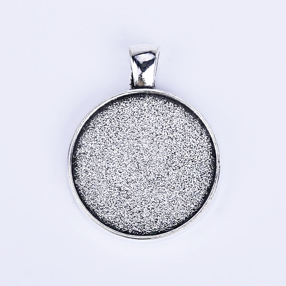 25mm Round Glass Setting Double Sided Pendant Blank Cameo Settings diy Necklace or Key Ring antique silver 10pcs