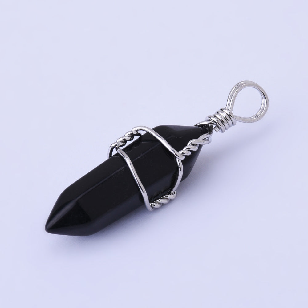 Hexagonal Natural Quartz Crystal Hexagonal Point Chakra Gemstone Pendant Reiki for Necklace-black agate 1PCS