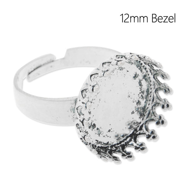 Adjustable Ring with 12MM Round Princess Base,Brass filled,Antique Silver plated,20 pieces/lot