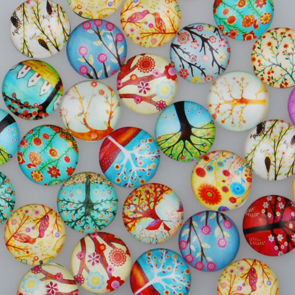 18MM Round pattern glass cabochons with mixed tree,colorful photo glass cabochon,flat back,thickness 5mm,50 pieces/lot