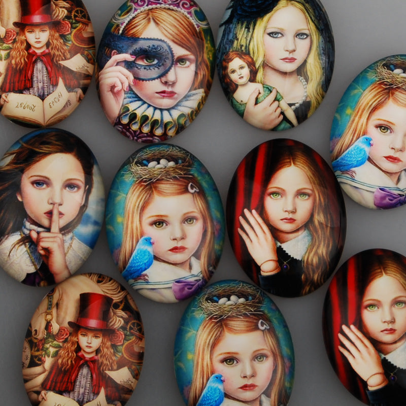 30*40mm Oval transparent pattern glass cabochons with mixed pretty girls,flat back,thickness 8mm, 10 pieces/lot