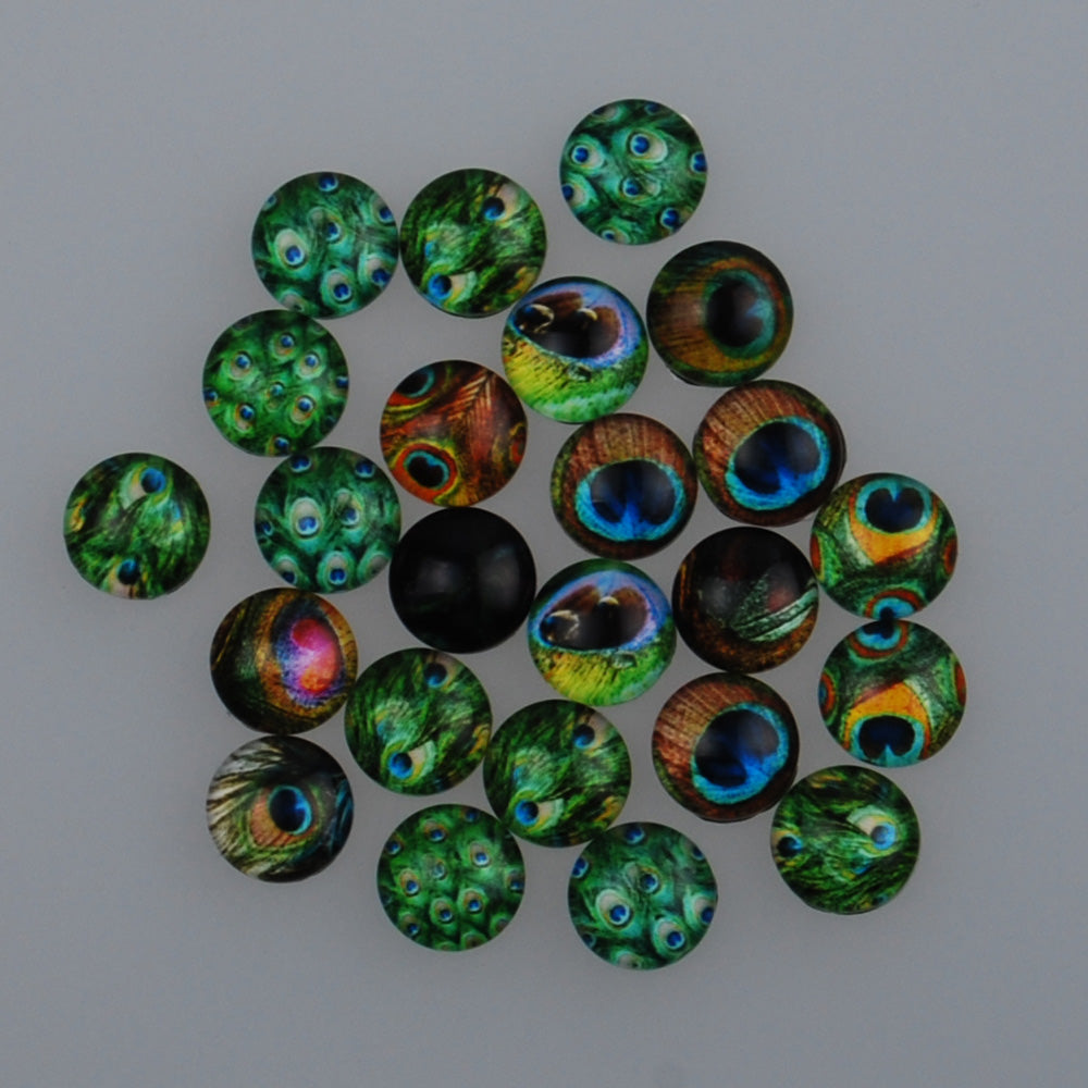 10MM Round Peacock pattern glass cabochons,photo glass cabochons,flat back,thickness 4mm,50 pieces/lot