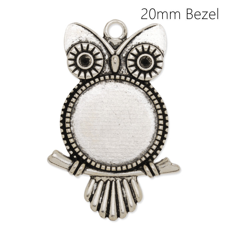 Ancient Silver Owl Pendant Base with 20mm Round Blank Bezel,Blank Jewelry Tray for Glass Cabochon,Zinc alloy filled,20pcs/lot