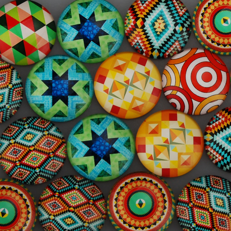 30MM Round pattern glass cabochons with mixed kaleidoscope,flat back,thickness 7mm,20 pieces/lot