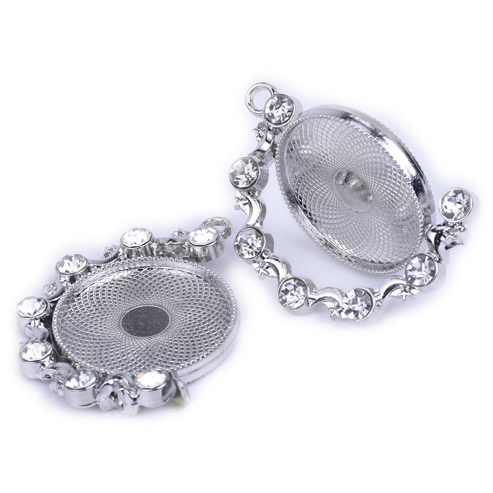 25mm Zinc Alloy Double Sided Pendant Tray With Rhinestones Bezel Cabochon Settings Necklace or Key Chain 5pcs