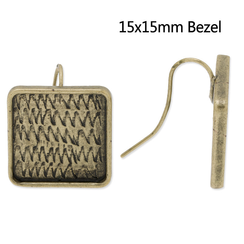 Earring hook with 15x15mm Square Bezel,Zinc Alloy filled,Antique Bronze finished,10pcs/lot