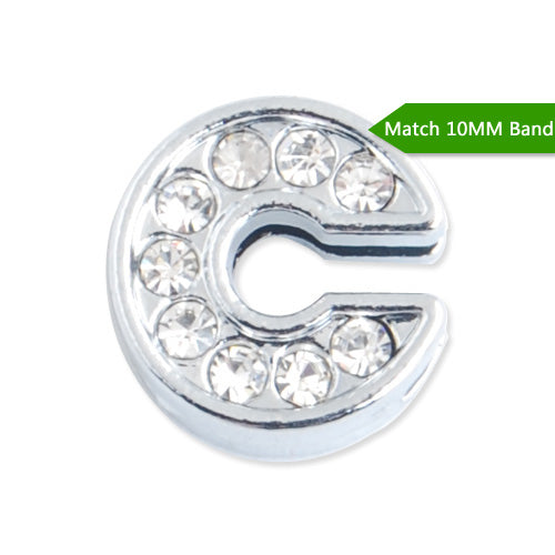 10MM Letter "C" Slider Charms,Crystal Rhinestones Alphabets Beads,Silver Plated,Match 10mm Band or Slider Bracelet;sold 50pcs per pkg