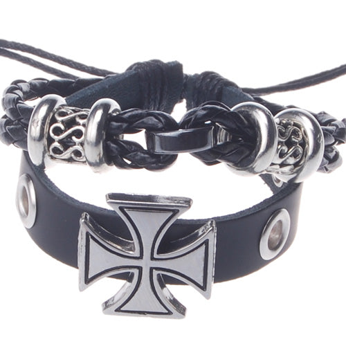 2013-2014 Summer hot sale promotional gifts Cross Medal beaded hand-woven  leather bracelet,Black,sold 10pcs per pkg