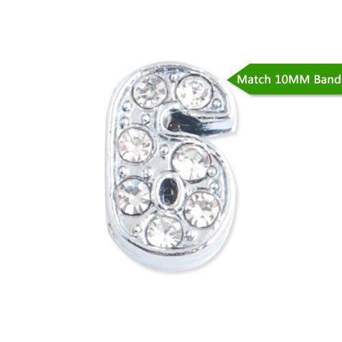 10MM Number "6" Slider Charms,Crystal Rhinestones Number Beads,Silver Plated,Match 10mm Band or Slider Bracelet;sold 50pcs per pkg