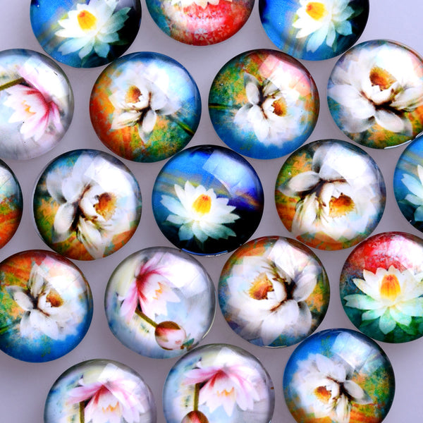20 Round Lotus Glass Cabochon Flower Jewelry 20MM Photo Glass Cabochons  Dome Cameo Jewelry