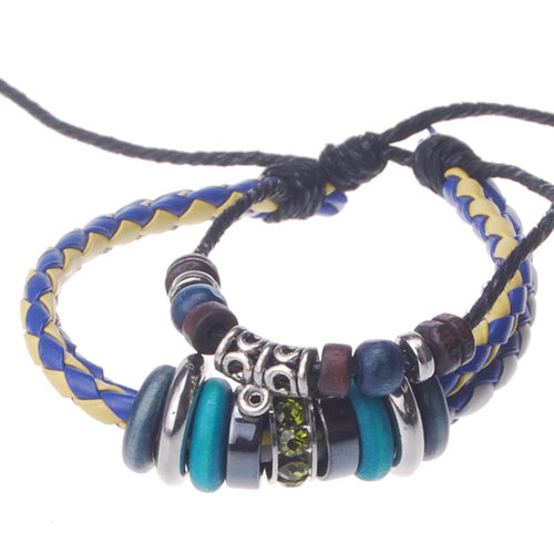 2013-2014 Summer hot sale promotional gifts Green Hoops beaded hand-woven  leather bracelet,Yellow and blue,sold 10pcs per pkg