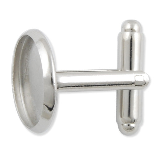 Rhodium Plated Cufflink Blanks with round bezel setting match 14mm cabochon