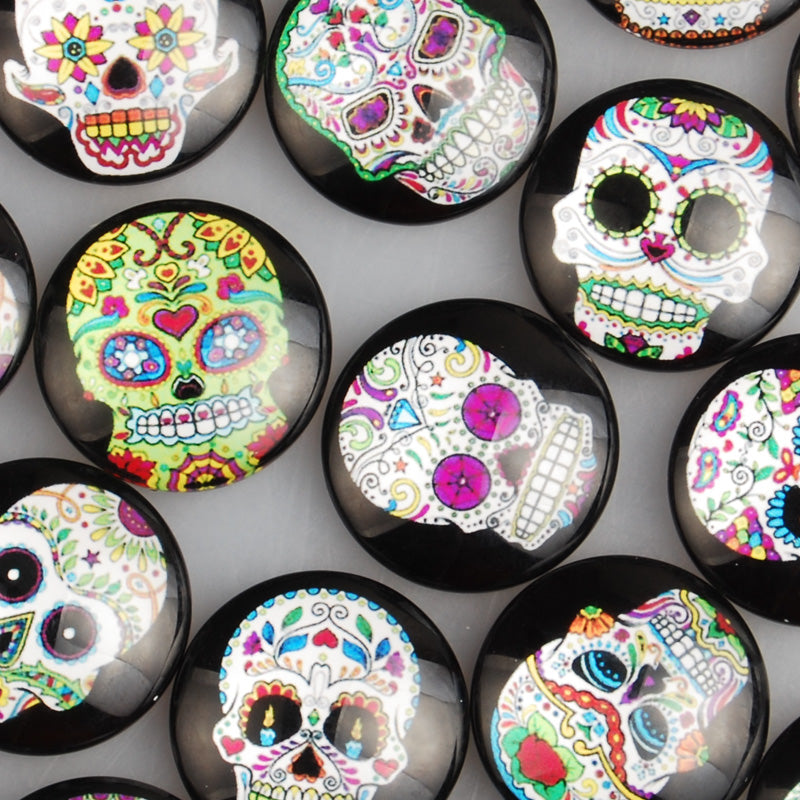 25mm round transparent  pattern glass cabochons with mixed skulls,flat back,thickness 6.5mm, 20 pieces/lot