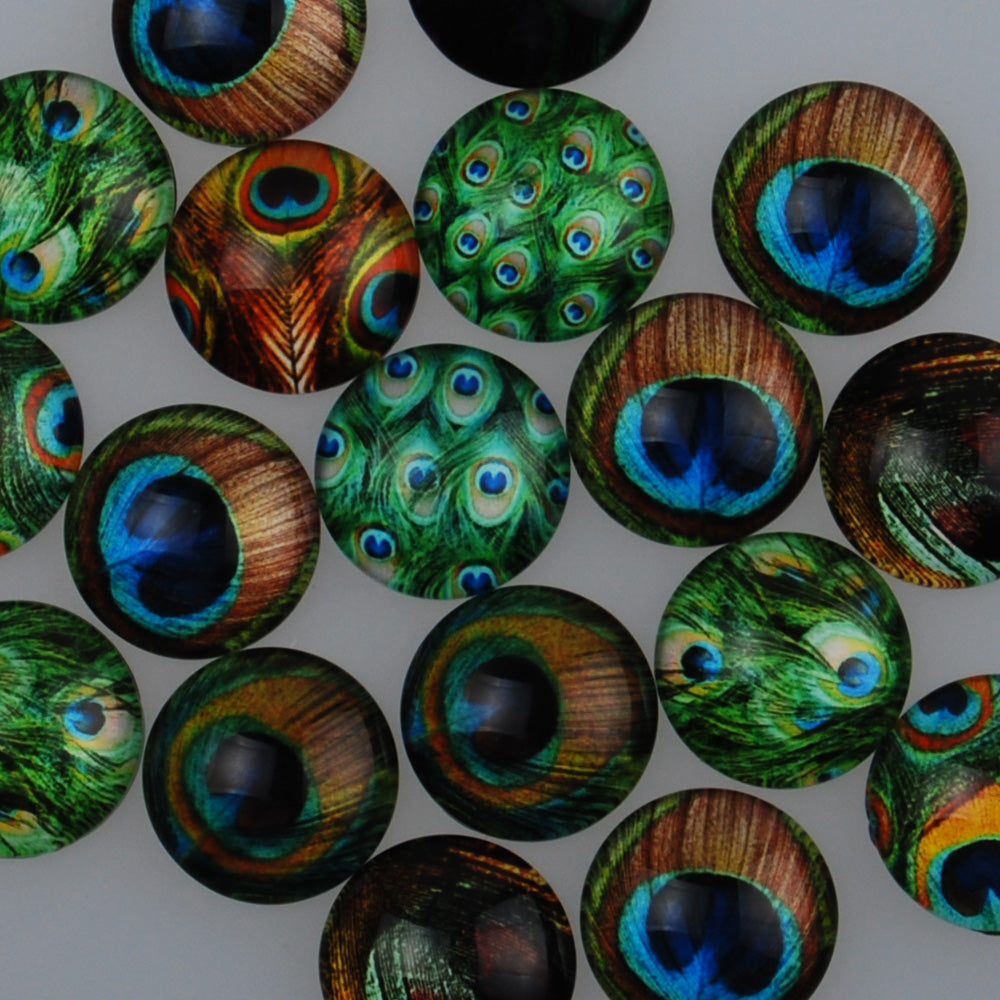 18MM Round colorful glass cabochons with mixed peacock pattern,Photo glass cabochons,flat back,thickness 5mm,50 pieces/lot