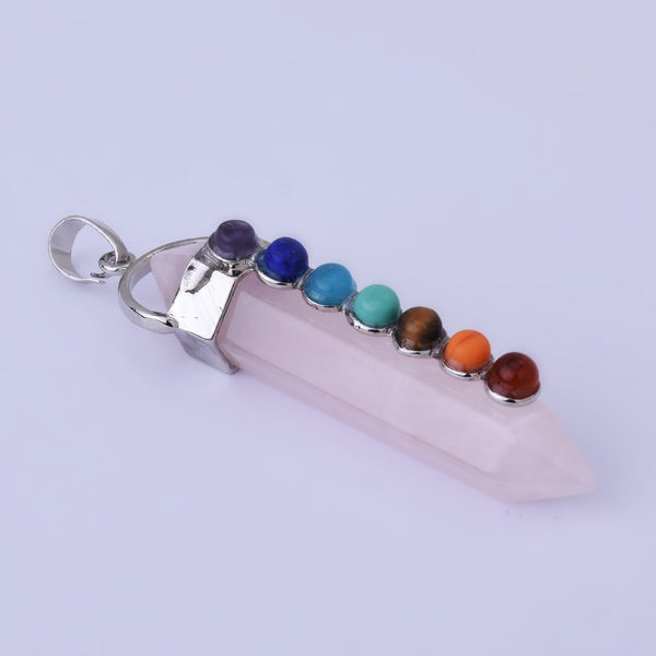 Natural Hexagonal Prism Beads Chakra Healing Gemstone Pendant 7 Chakra Pendant Quartz Point Pendant-rose quartze 1PCS