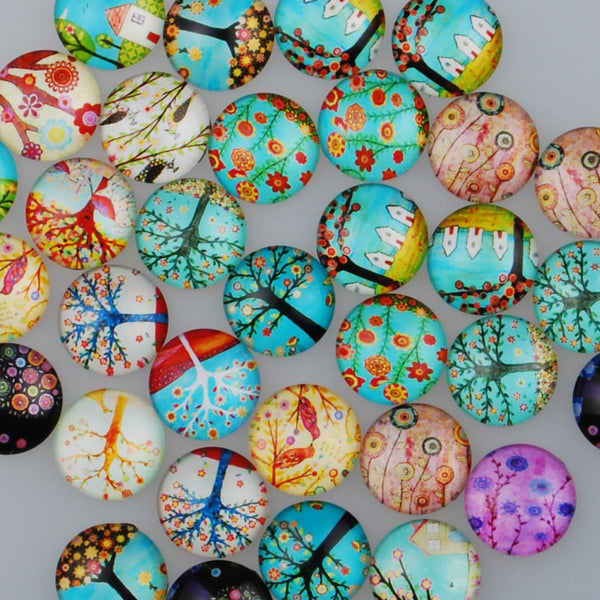 16MM Round pattern glass cabochons with mixed tree,colorful photo glass cabochon,flat back,thickness 5mm,50 pieces/lot
