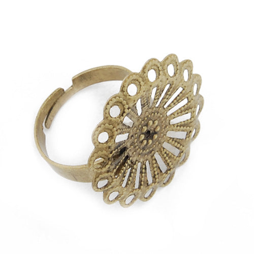 Antique Gold， Adjustable Ring Blanks Base with 23mm  Flower pad，Sold 50PCS  Per Lot