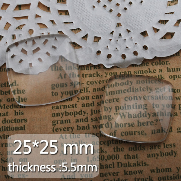 25MM Square Clear filleted corner glass cabochon,flat back,thickness 5.5MM,50 pieces/lot