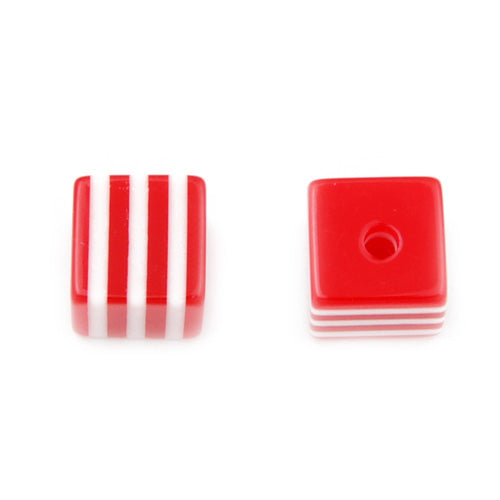 8mm*8mm*8mm Bright White and Red Striped  Cube Plastic Beads,hole size 1.8mm,sold 500pcs per pkg