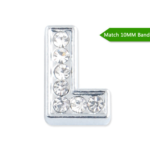 10MM Letter "L" Slider Charms,Crystal Rhinestones Alphabets Beads,Silver Plated,Match 10mm Band or Slider Bracelet;sold 50pcs per pkg