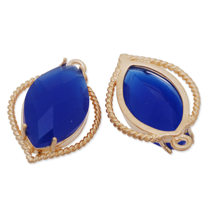 13x19mm matt gold plated framed glass,Faceted glass,royal blue,connectors,gemstone bezel,Sold 5pcs/lot