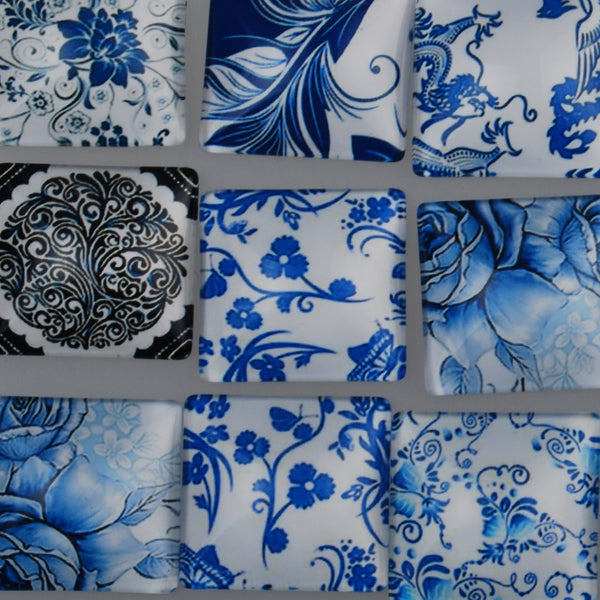 25MM Square Colorful glass cabochons,Mix china Blue and white porcelain pattern glass cabochons,flat back,thickness 6.5mm,20 pieces/lot