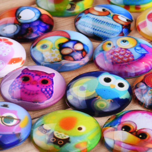 25MM Round Pattern flat-back Glass cabochon,one style multi photos,kawaii Owl,20 pieces/lot