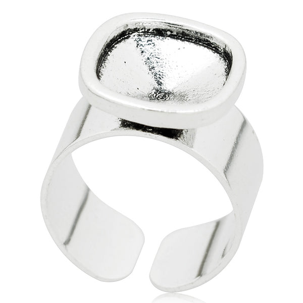 12*12mm Antique Silver Blank Metal Rings Base,Adjustable Rounded Square Profiled Ring Setting,Blank Ring Bezel for Swarovski 4461,sold 10pcsl/lot