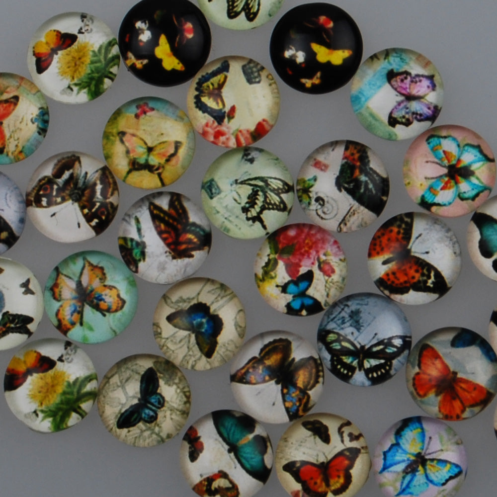 10MM Round glass cabochons,Butterfly pattern photo glass cabochons,flat back,thickness 4mm,50 pieces/lot