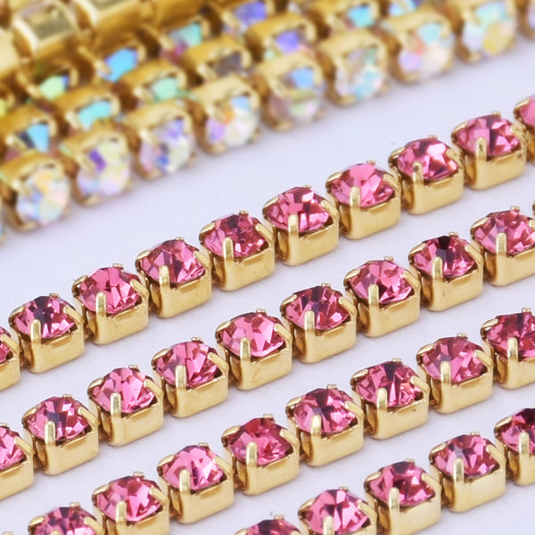 SS6 Chain Rose red Rhinestone Chain Various Colors Crystal Compact Close Gold Chain 3.6Meters