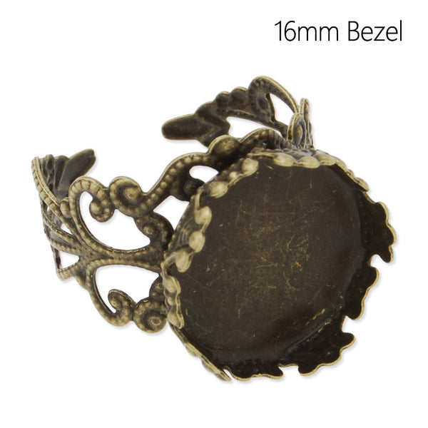 16 MM Princess Filigree Adjustable Ring Base,Brass filled,Antique Bronze plated,20 pieces/lot