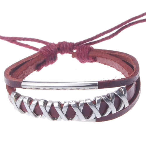 2013-2014 Summer hot sale promotional gifts Double elbow and metal beaded hand-woven  leather bracelet,Deep Coffee,sold 10pcs per pkg
