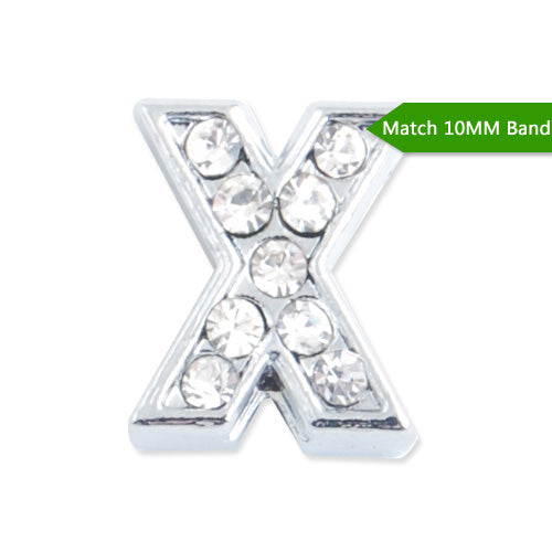 10MM Letter "X" Slider Charms,Crystal Rhinestones Alphabets Beads,Silver Plated,Match 10mm Band or Slider Bracelet;sold 50pcs per pkg