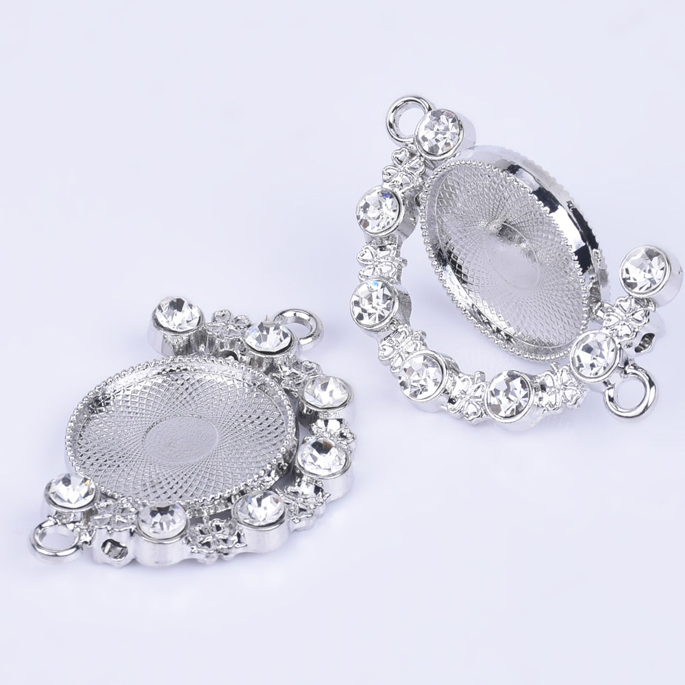 22mm Zinc Alloy Double Sided Pendant Tray With Rhinestones Bezel Cabochon Settings Necklace or Key Chain 5pcs