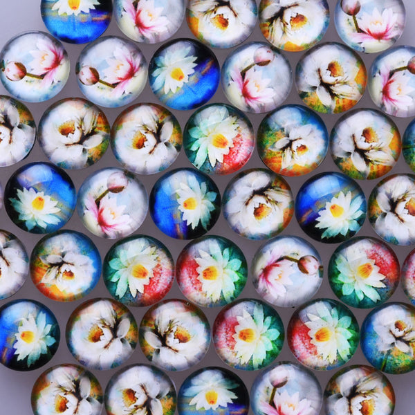 50 Round Lotus Glass Cabochon Flower Jewelry 12MM Photo Glass Cabochons  Dome Cameo Jewelry