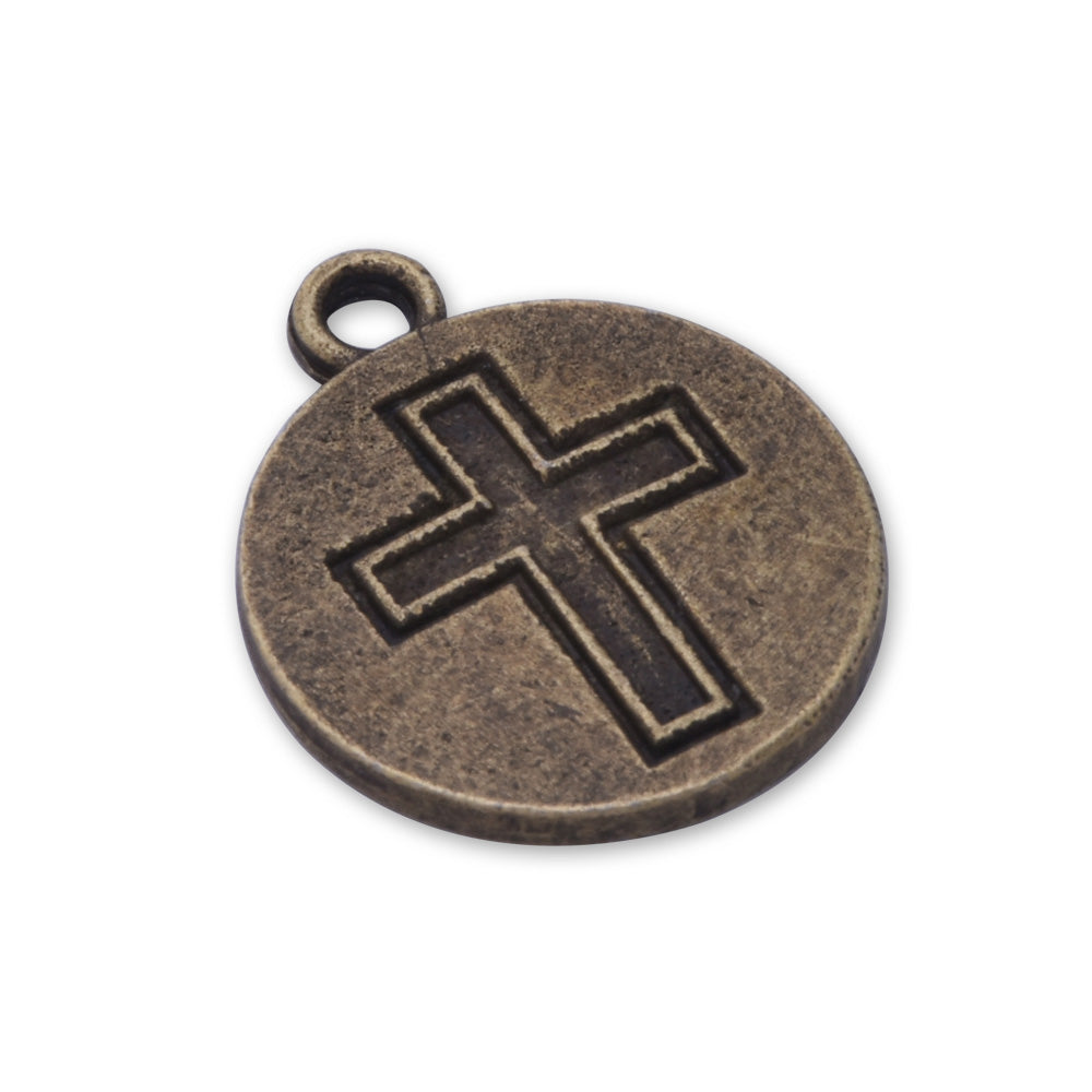 20 Antique Bronze 16mm Round Cross  Charm  Pendants Cross Tag Jewelry Making Findings Simple Gift